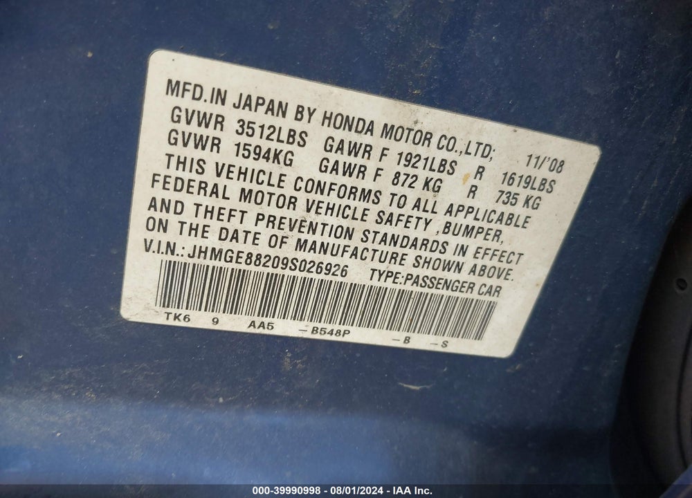 2009 HONDA FIT VIN: JHMGE88209S026926