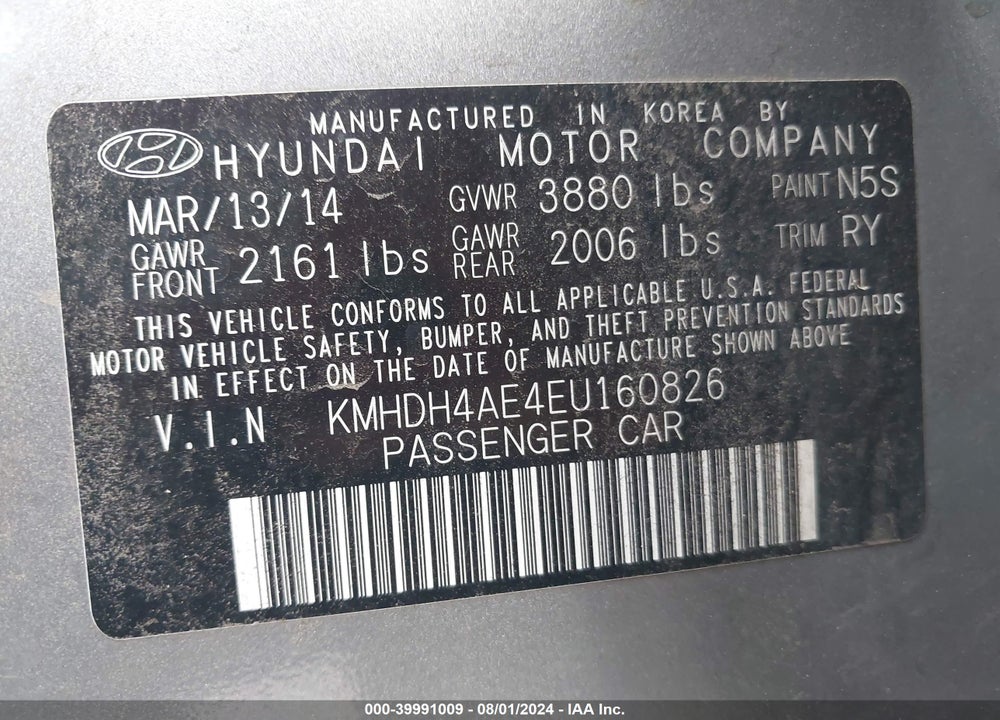 2014 HYUNDAI ELANTRA LIMITED VIN: KMHDH4AE4EU160826