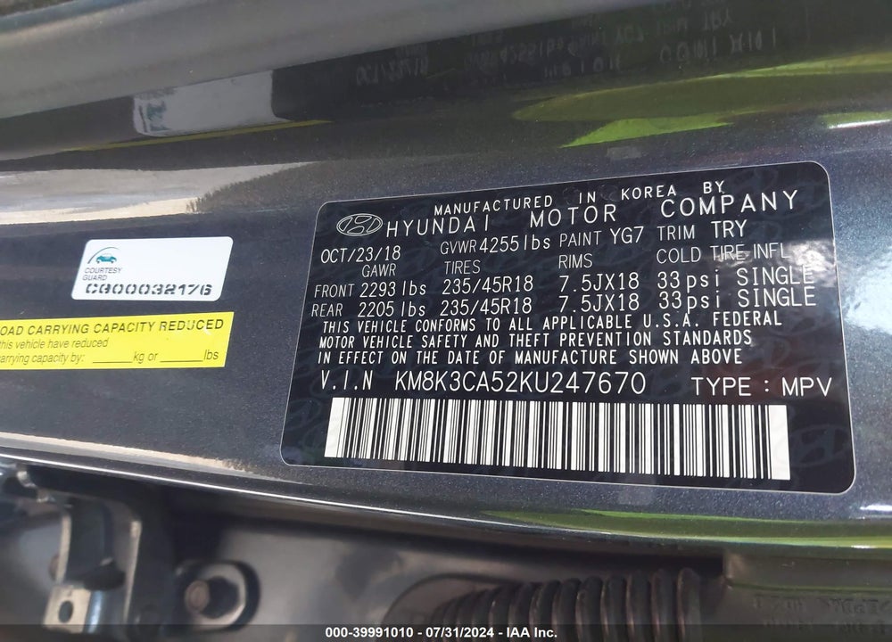 2019 HYUNDAI KONA LIMITED VIN: KM8K3CA52KU247670