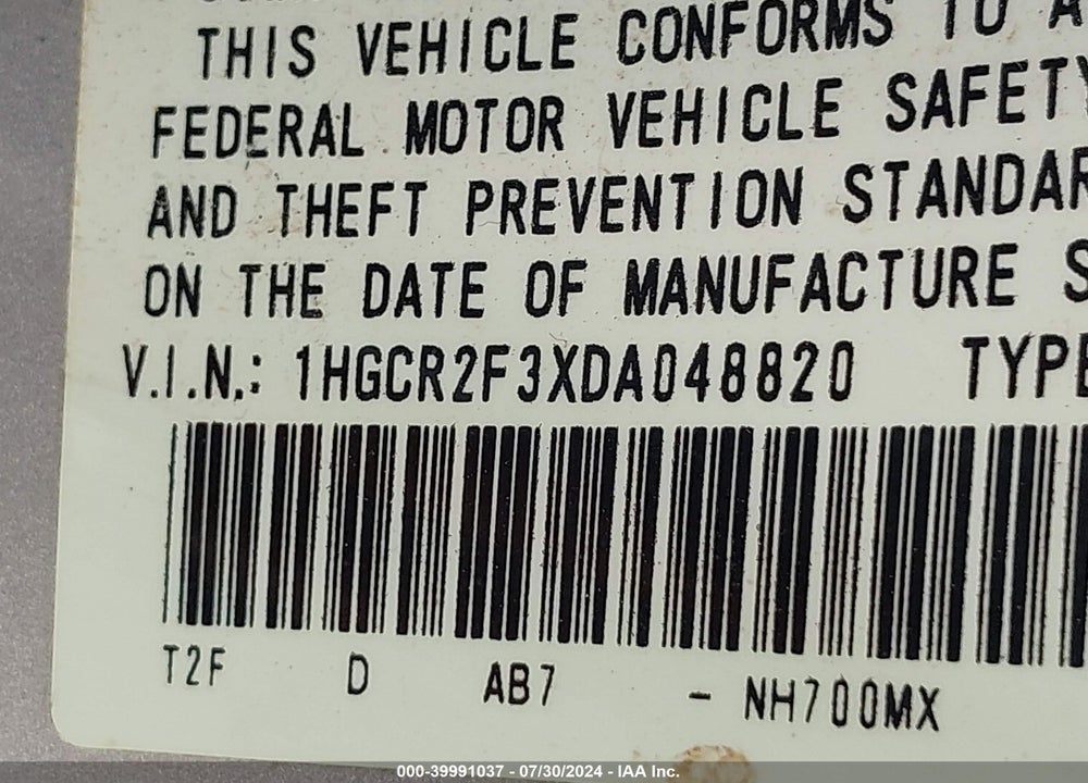 2013 HONDA ACCORD LX VIN: 1HGCR2F3XDA048820