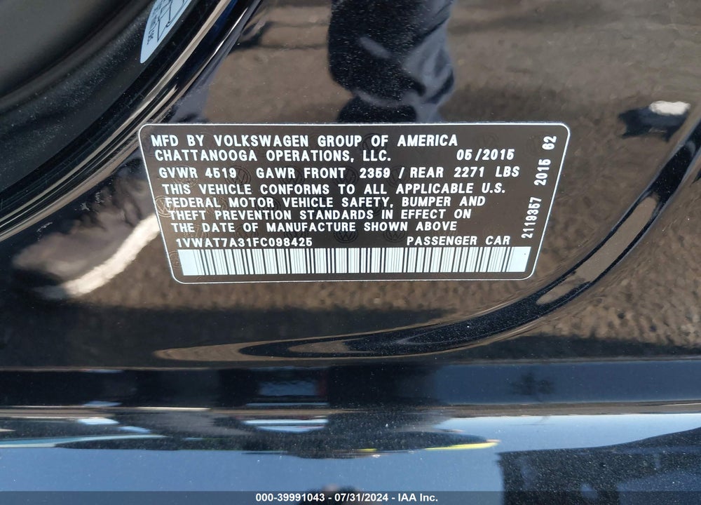 2015 VOLKSWAGEN PASSAT 1.8T LIMITED EDITION VIN: 1VWAT7A31FC098425