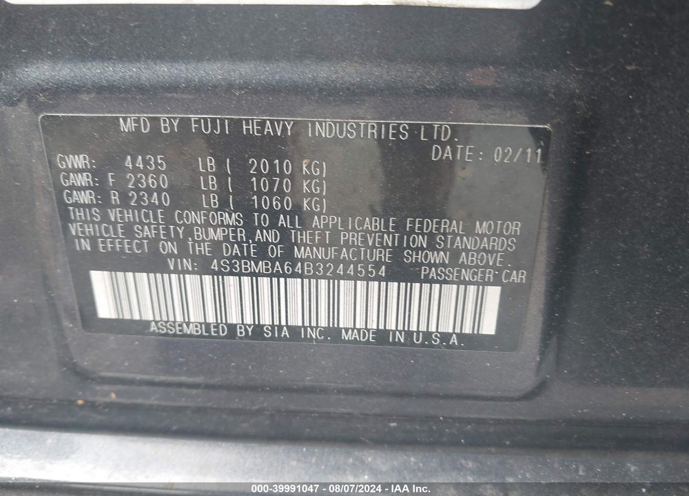 2011 SUBARU LEGACY 2.5I VIN: 4S3BMBA64B3244554