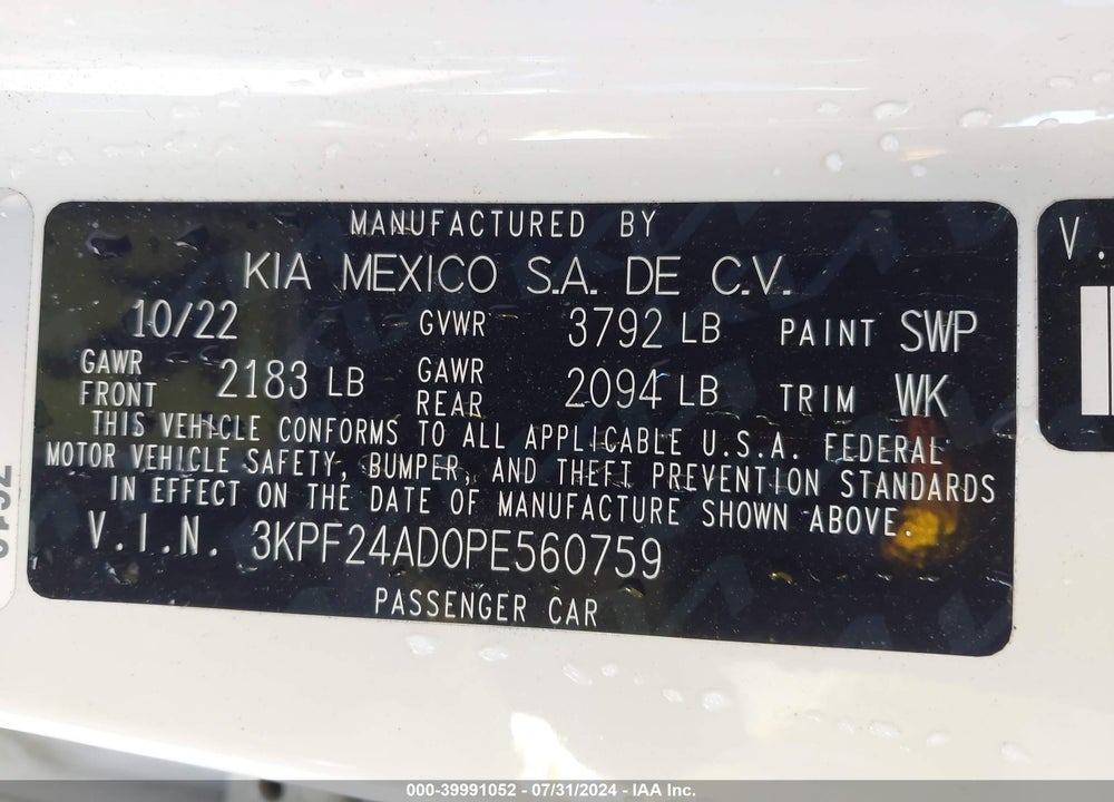 2023 KIA FORTE LXS VIN: 3KPF24AD0PE560759