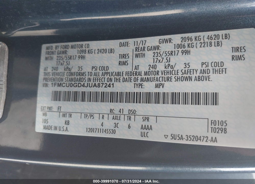 2018 FORD ESCAPE SE VIN: 1FMCU0GD4JUA87241