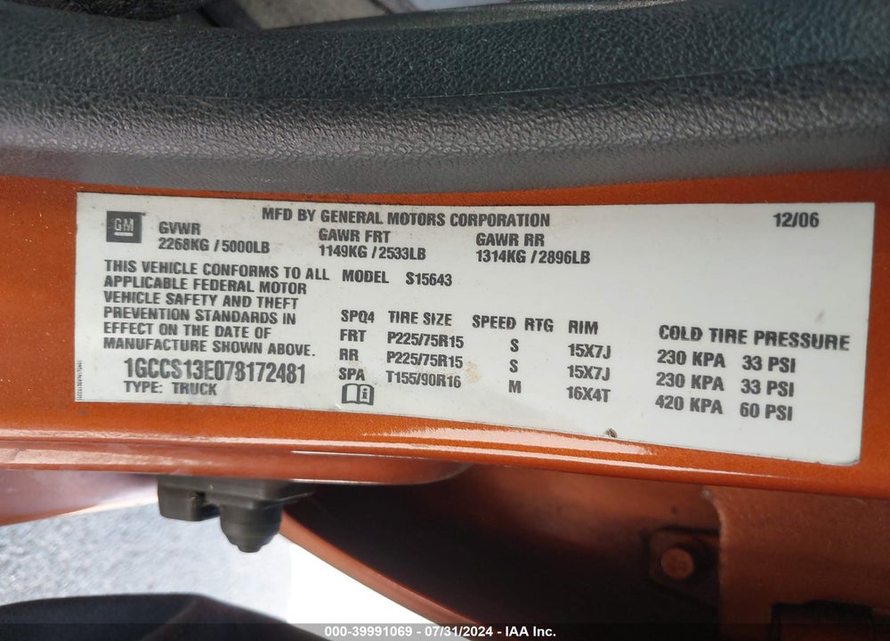 2007 CHEVROLET COLORADO LT VIN: 1GCCS13E078172481