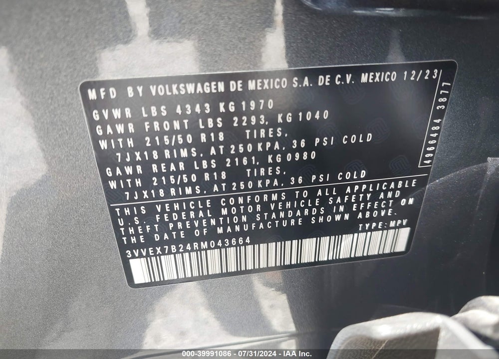 2024 VOLKSWAGEN TAOS 1.5T SE VIN: 3VVEX7B24RM043664