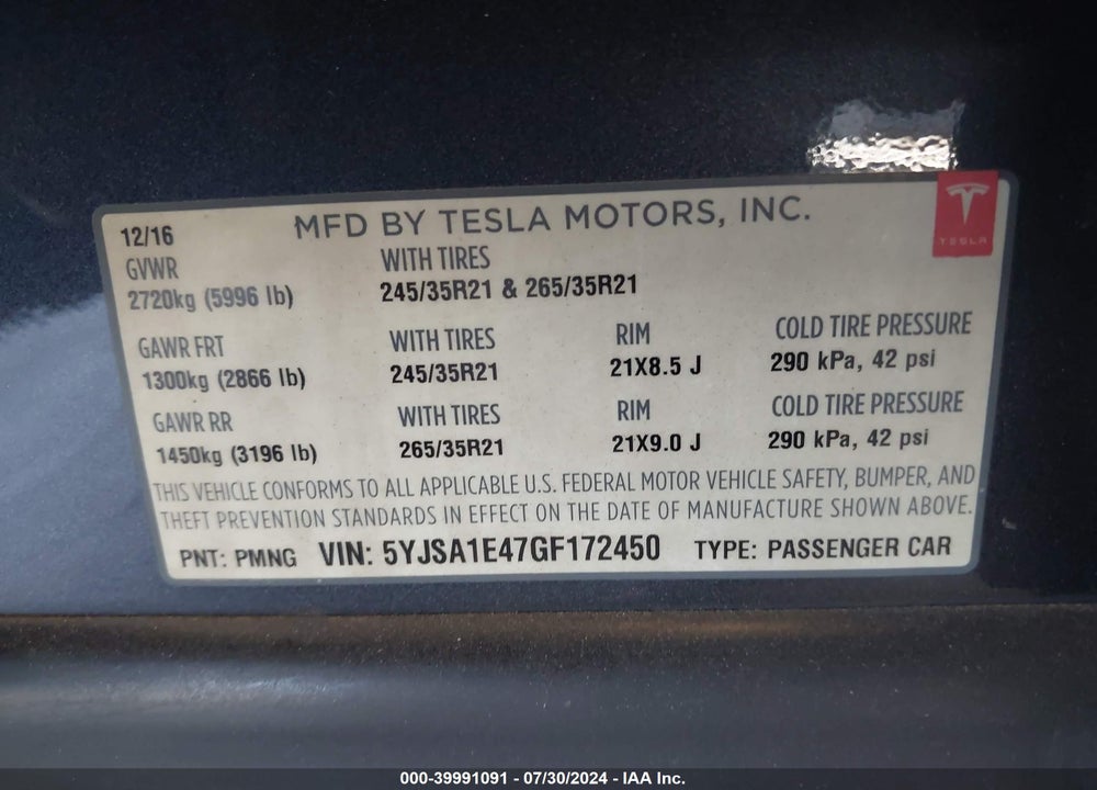 2016 TESLA MODEL S 90D/P100D/P85D/P90D VIN: 5YJSA1E47GF172450