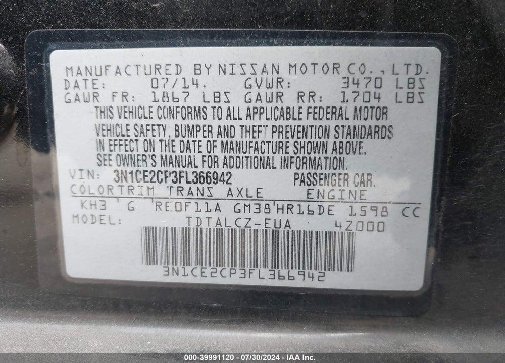2015 NISSAN VERSA NOTE S PLUS VIN: 3N1CE2CP3FL366942
