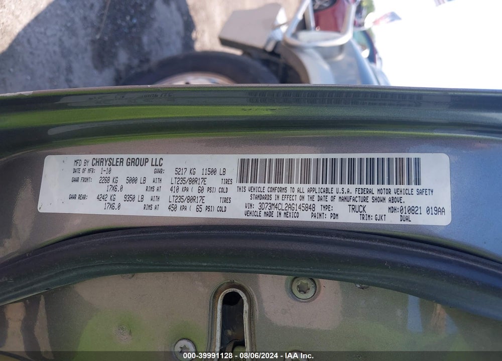 2010 DODGE RAM 3500 LARAMIE VIN: 3D73M4CL2AG145848