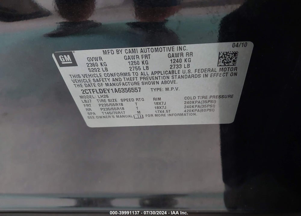 2010 GMC TERRAIN SLE-2 VIN: 2CTFLDEY1A6356557