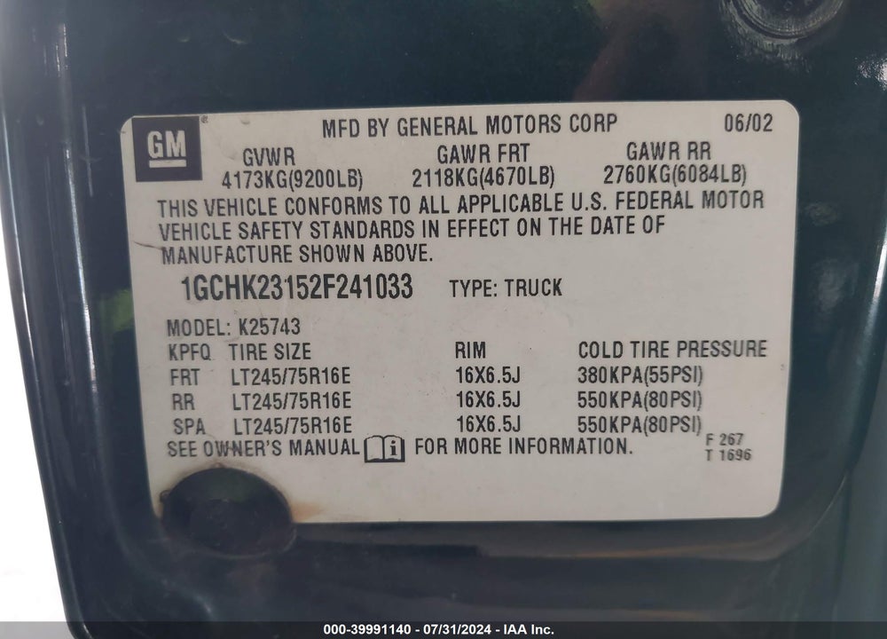2002 CHEVROLET SILVERADO 2500HD LS VIN: 1GCHK23152F241033