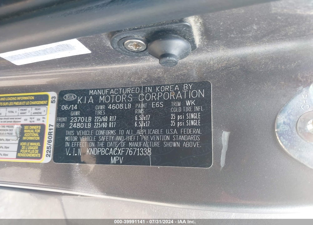 2015 KIA SPORTAGE LX VIN: KNDPBCACXF7671338