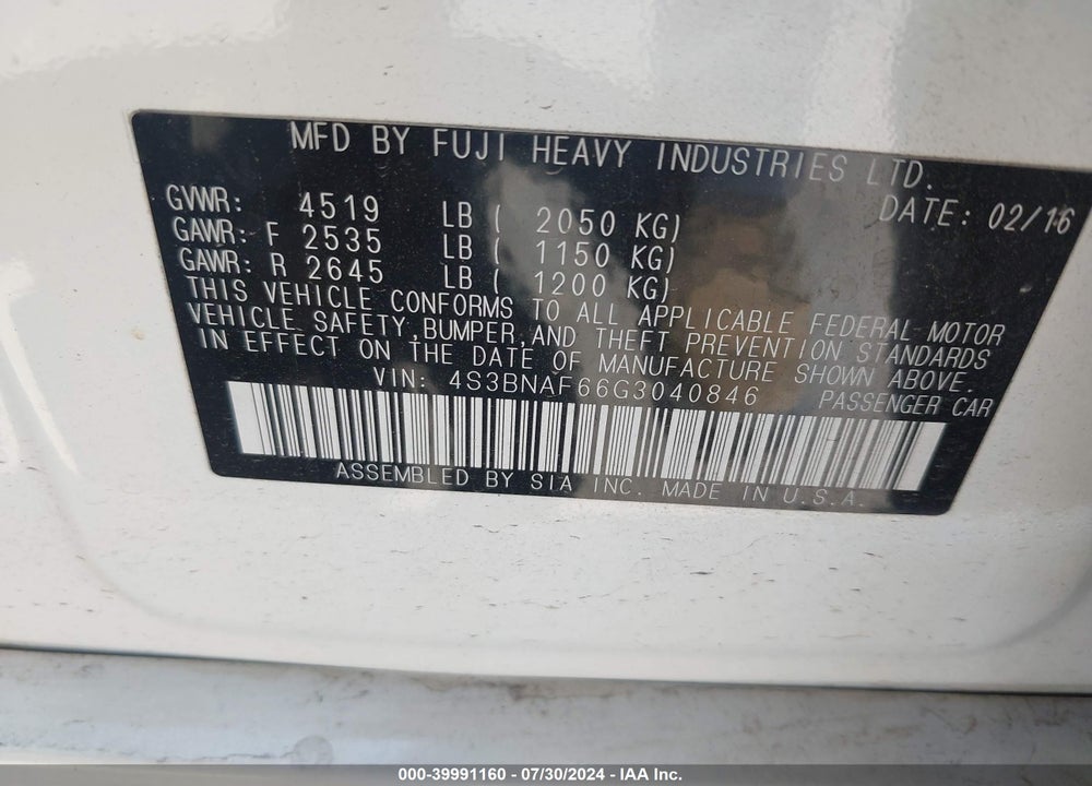 2016 SUBARU LEGACY 2.5I PREMIUM VIN: 4S3BNAF66G3040846