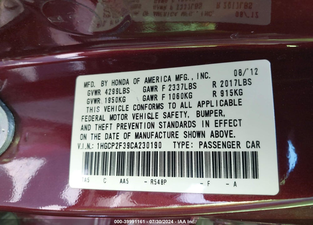 2012 HONDA ACCORD 2.4 LX VIN: 1HGCP2F39CA230190