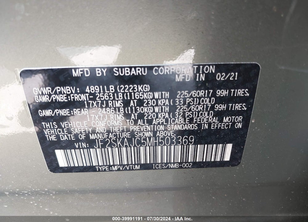 2021 SUBARU FORESTER PREMIUM VIN: JF2SKAJC5MH503369