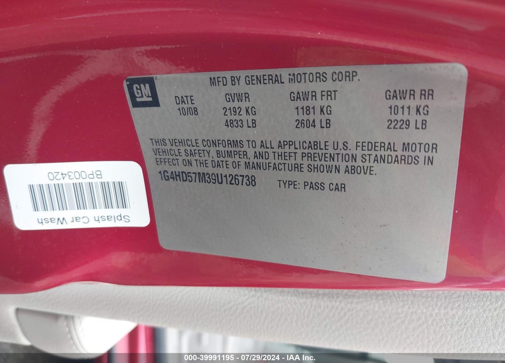 2009 BUICK LUCERNE CXL-3 VIN: 1G4HD57M39U126738