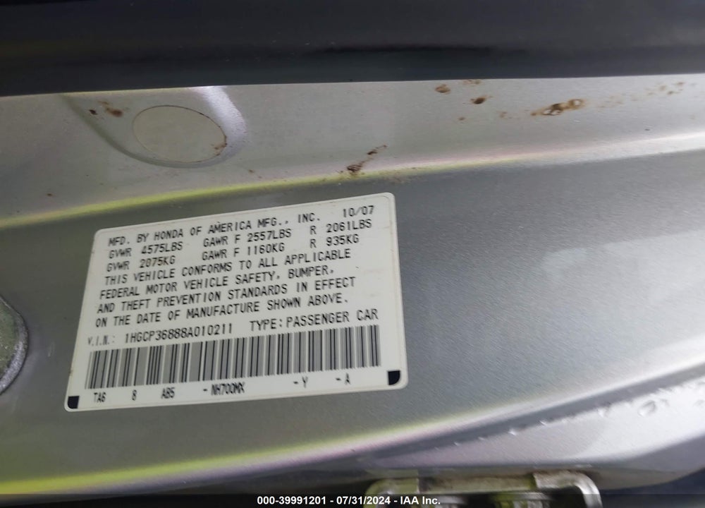 2008 HONDA ACCORD 3.5 EX-L VIN: 1HGCP36888A010211