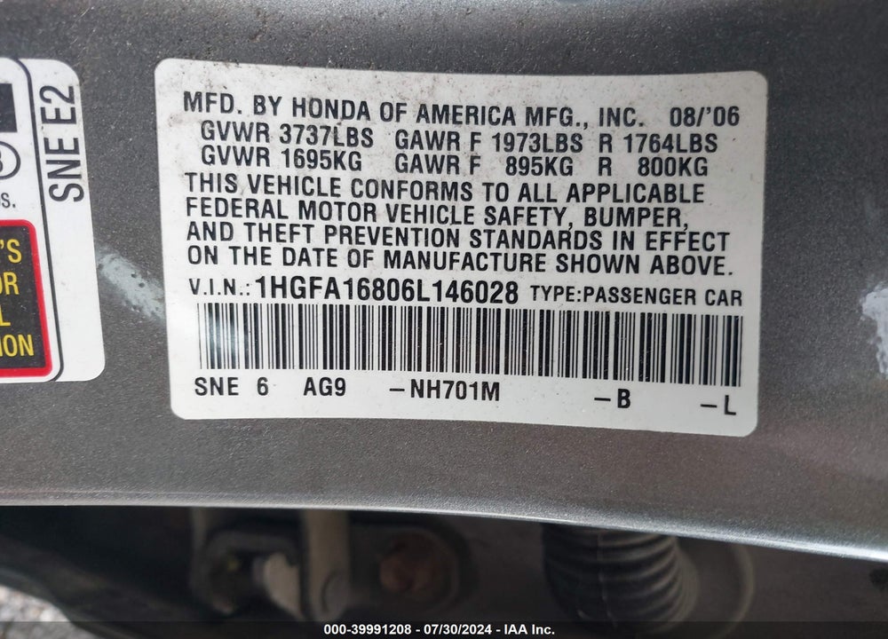 2006 HONDA CIVIC EX VIN: 1HGFA16806L146028