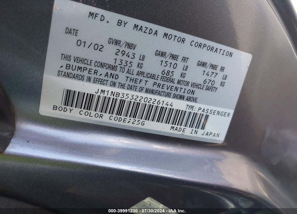 2002 MAZDA MX-5 MIATA CLOTH/LS/SE VIN: JM1NB353220226144
