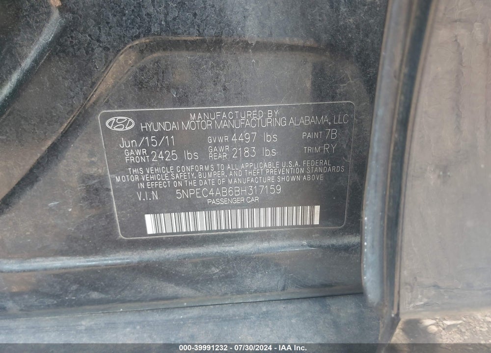 2011 HYUNDAI SONATA SE 2.0T VIN: 5NPEC4AB6BH317159