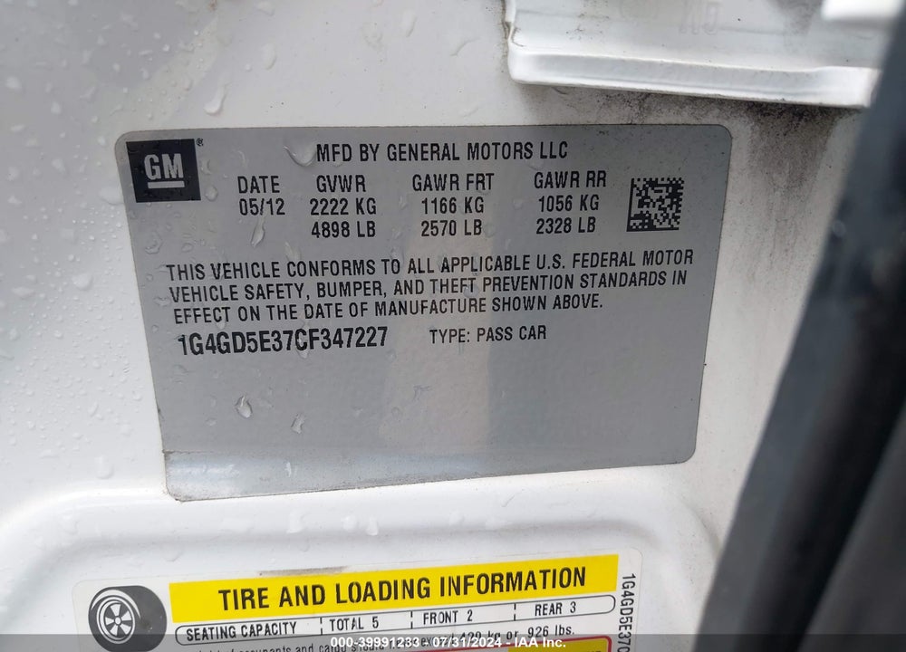 2012 BUICK LACROSSE PREMIUM 1 GROUP VIN: 1G4GD5E37CF347227