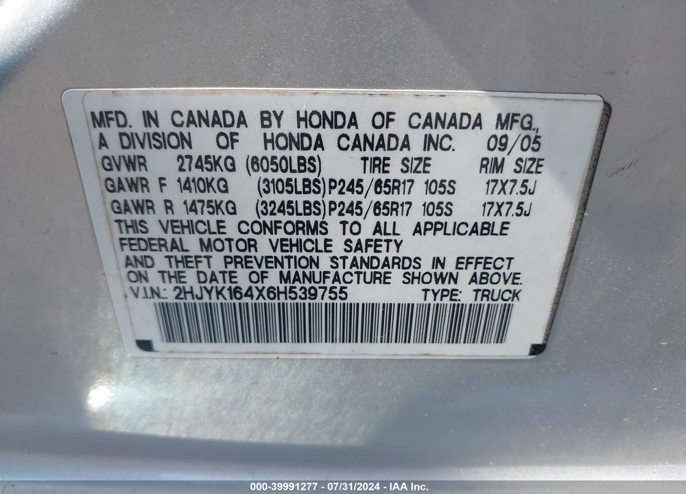 2006 HONDA RIDGELINE VIN: 2HJYK164X6H539755