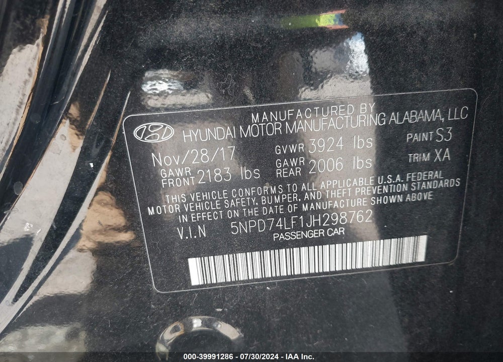 2018 HYUNDAI ELANTRA SE VIN: 5NPD74LF1JH298762