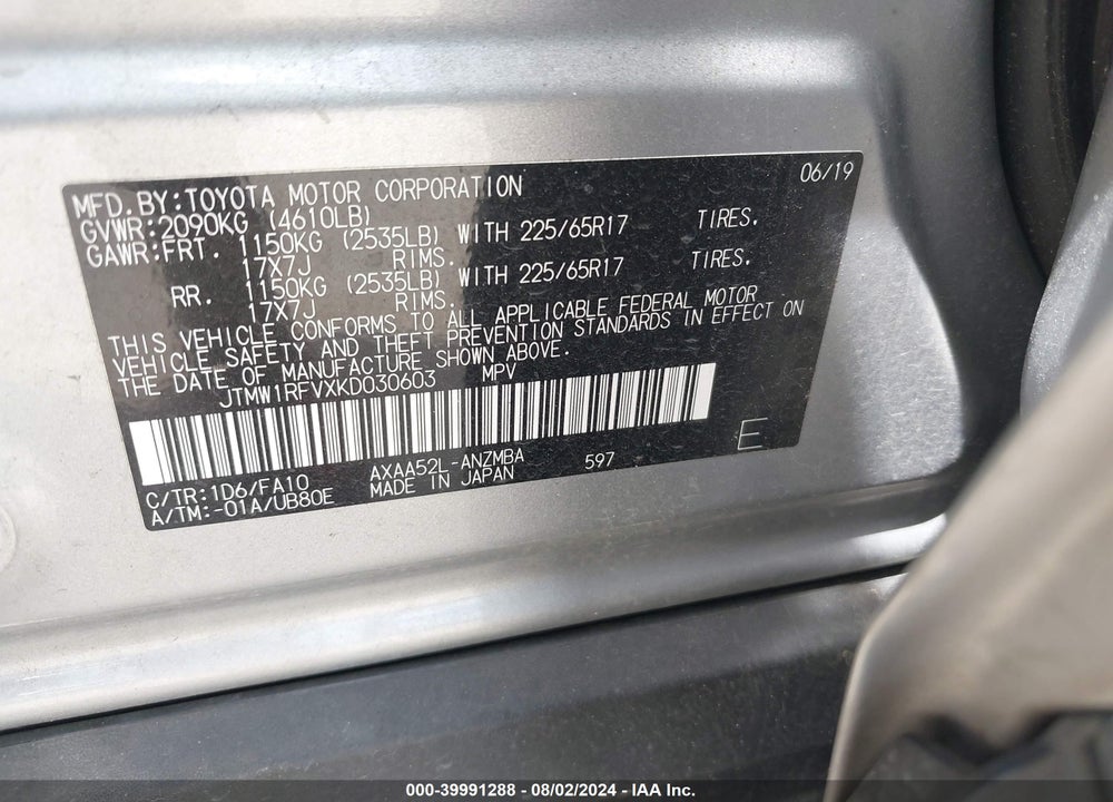 2019 TOYOTA RAV4 XLE VIN: JTMW1RFVXKD030603