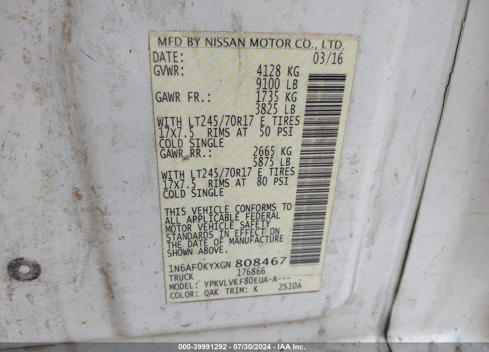 2016 NISSAN NV CARGO NV2500 HD VIN: 1N6AF0KYXGN808467