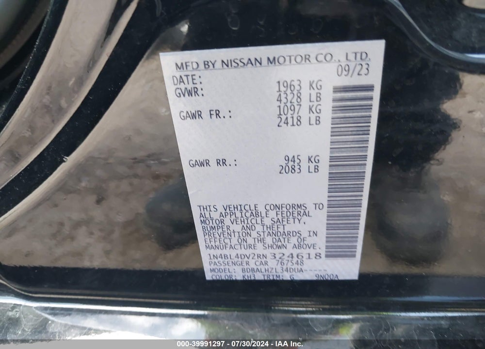 2024 NISSAN ALTIMA SV FWD VIN: 1N4BL4DV2RN324618