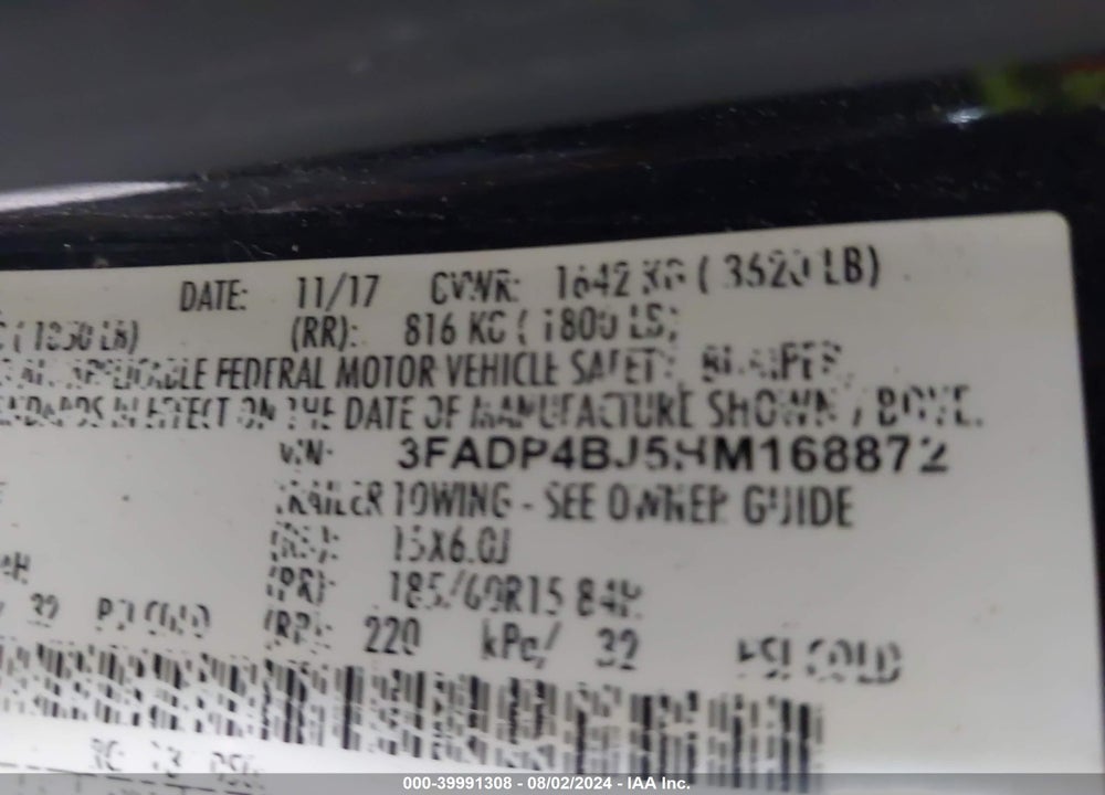 2017 FORD FIESTA SE VIN: 3FADP4BJ5HM168872
