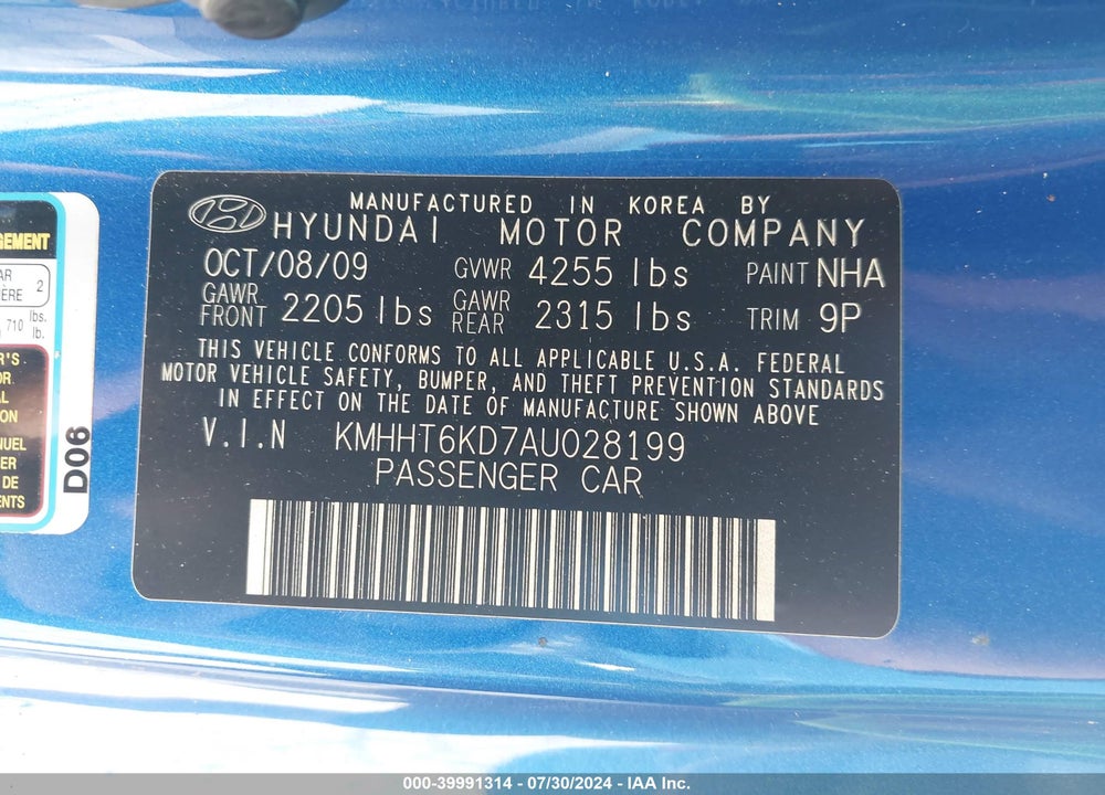 2010 HYUNDAI GENESIS 2.0T VIN: KMHHT6KD7AU028199