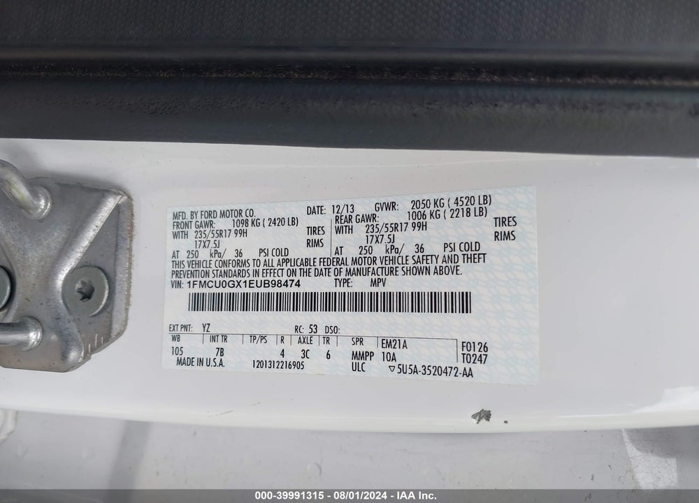 2014 FORD ESCAPE SE VIN: 1FMCU0GX1EUB98474