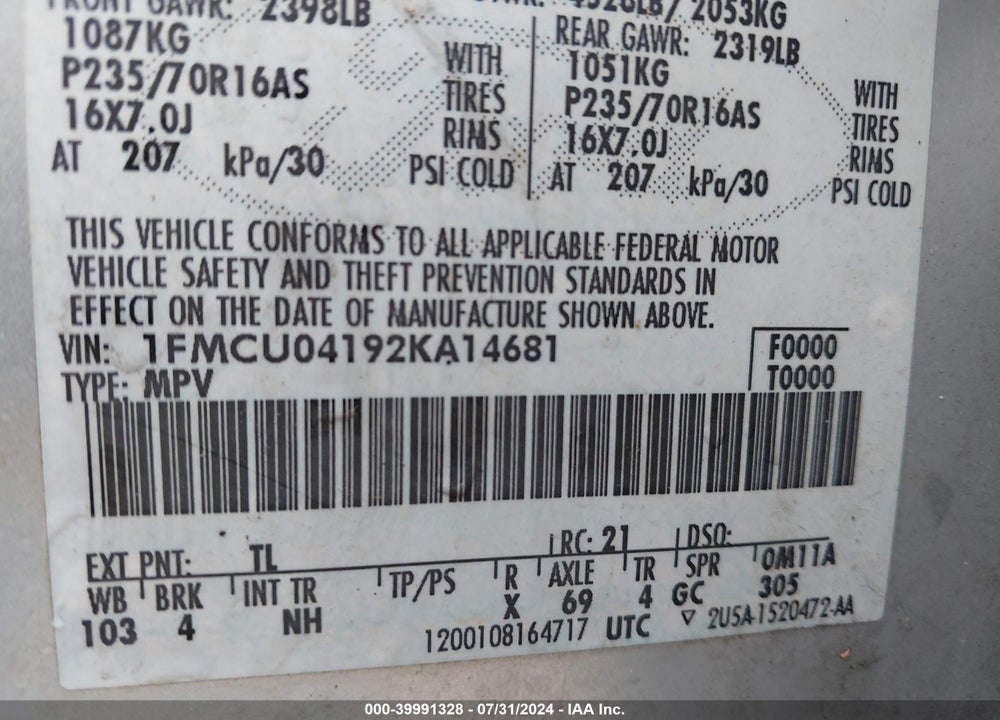 2002 FORD ESCAPE XLT VIN: 1FMCU04192KA14681