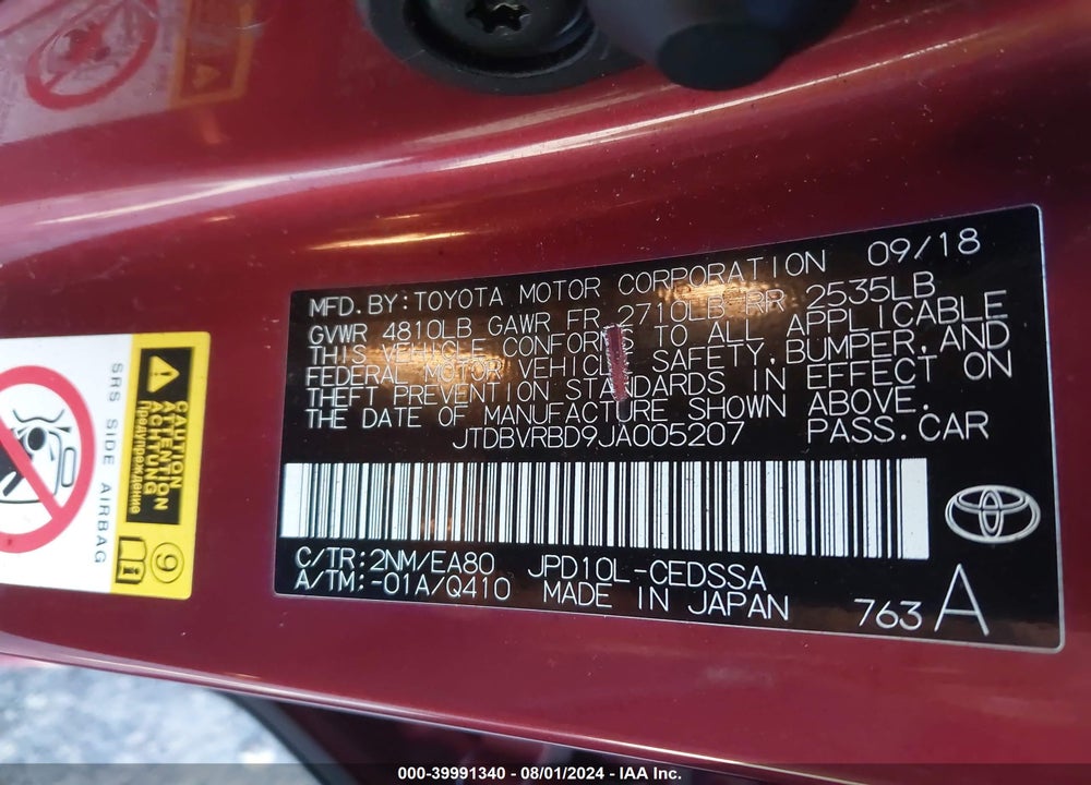 2018 TOYOTA MIRAI VIN: JTDBVRBD9JA005207
