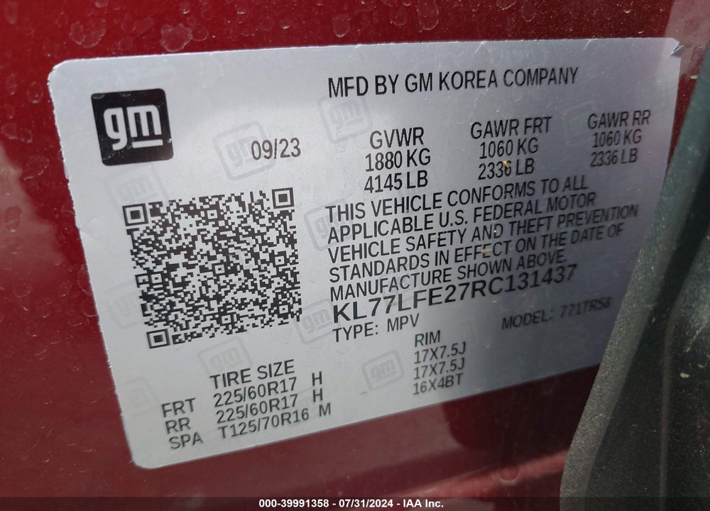 2024 CHEVROLET TRAX FWD SP VIN: KL77LFE27RC131437
