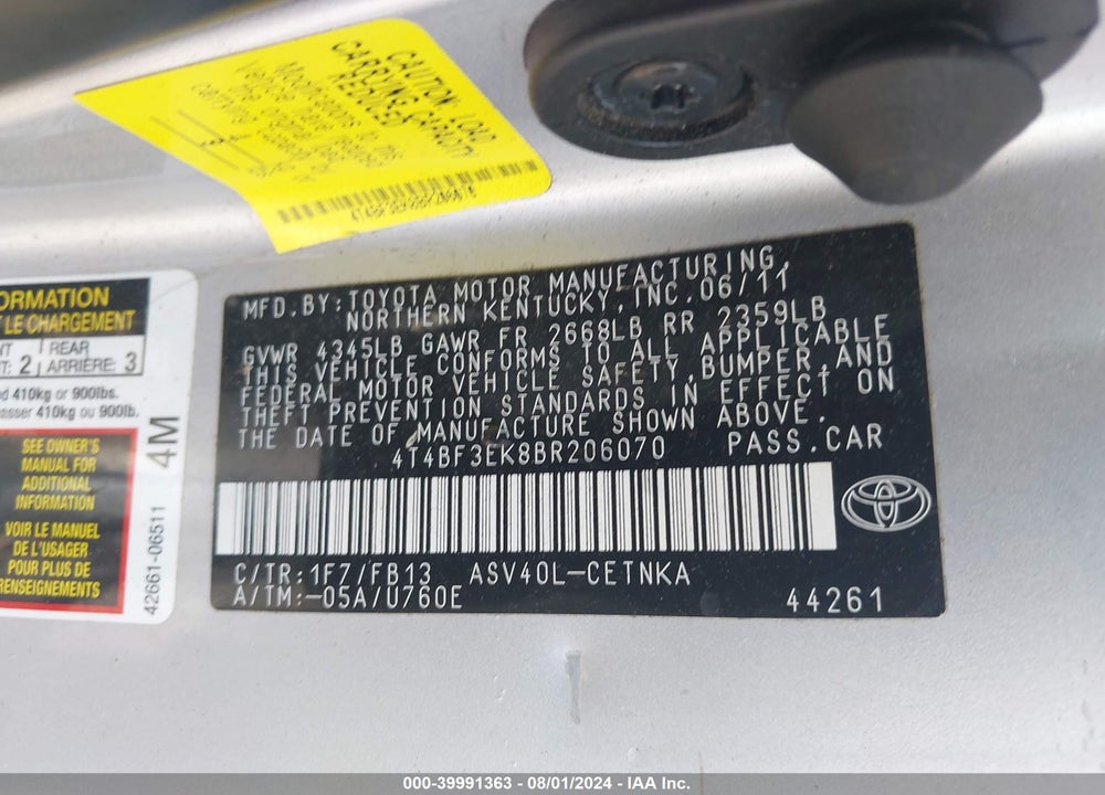 2011 TOYOTA CAMRY LE VIN: 4T4BF3EK8BR206070