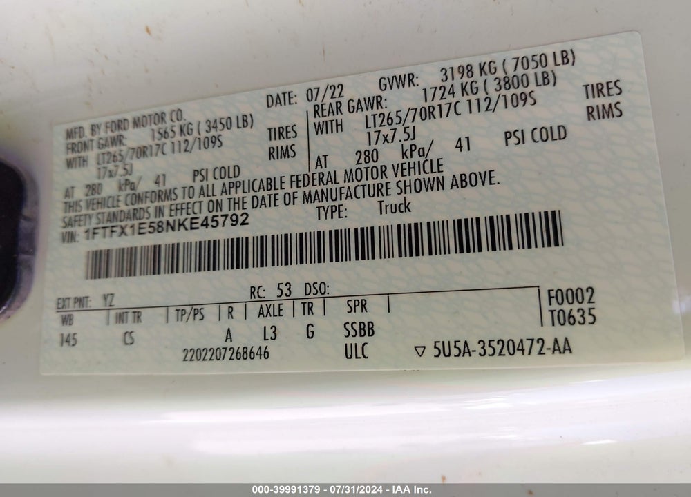 2022 FORD F-150 XL VIN: 1FTFX1E58NKE45792