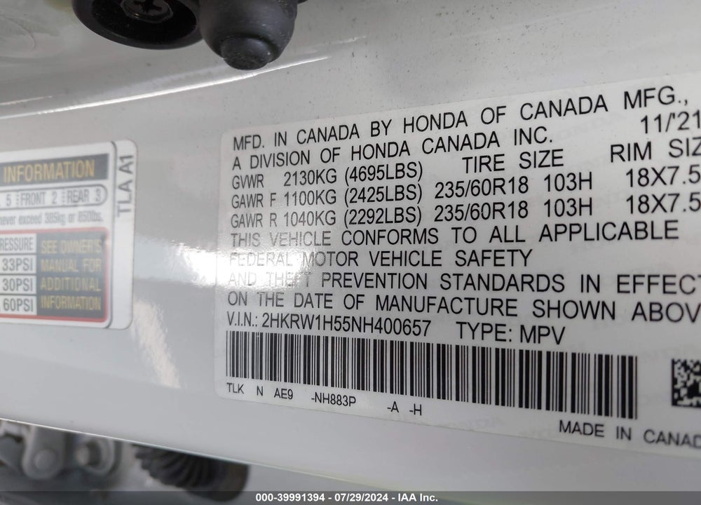 2022 HONDA CR-V 2WD EX VIN: 2HKRW1H55NH400657