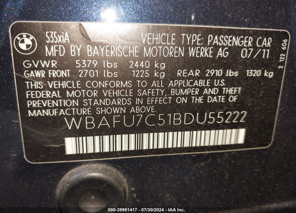 2011 BMW 535I XDRIVE VIN: WBAFU7C51BDU55222