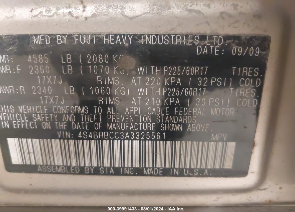 2010 SUBARU OUTBACK 2.5I PREMIUM VIN: 4S4BRBCC3A3325561