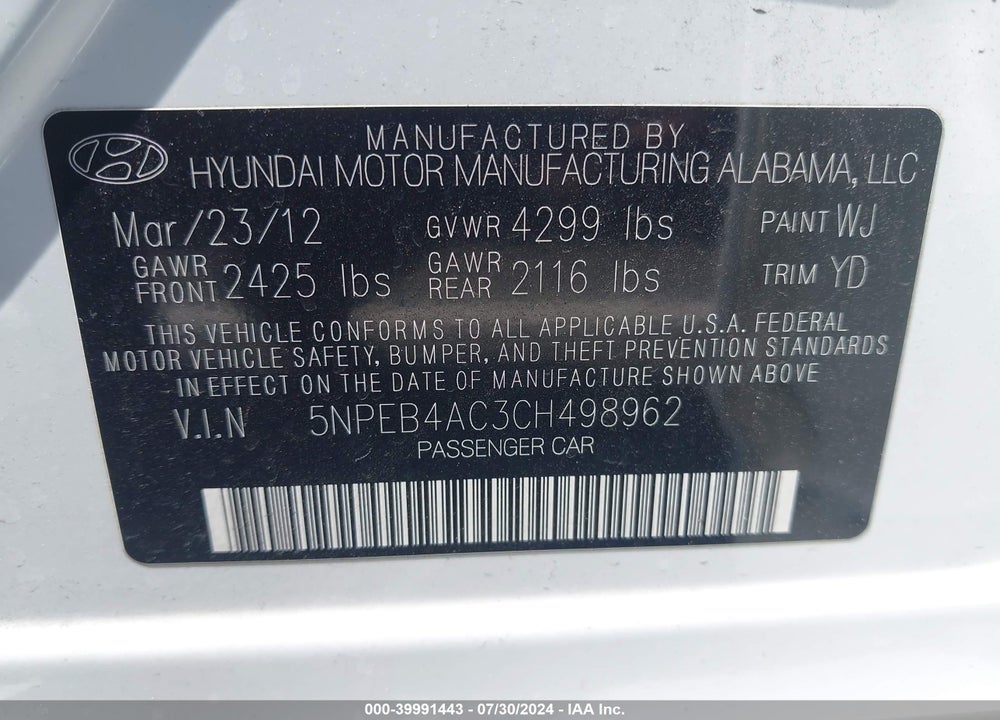 2012 HYUNDAI SONATA GLS VIN: 5NPEB4AC3CH498962