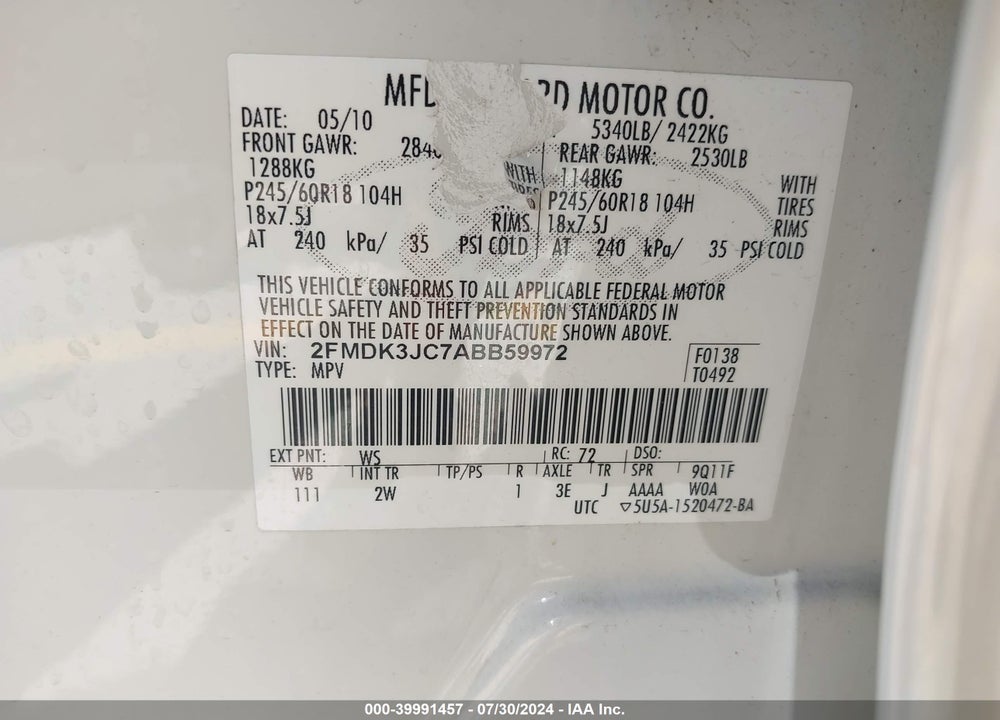2010 FORD EDGE SEL VIN: 2FMDK3JC7ABB59972