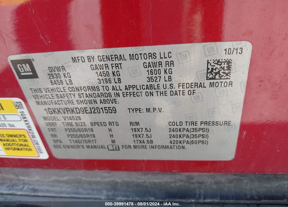 2014 GMC ACADIA SLT-1 VIN: 1GKKVRKD9EJ201559