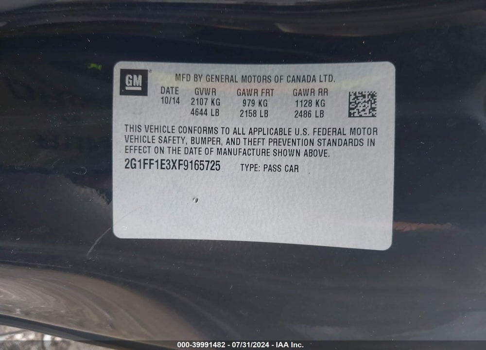 2015 CHEVROLET CAMARO 2LT VIN: 2G1FF1E3XF9165725