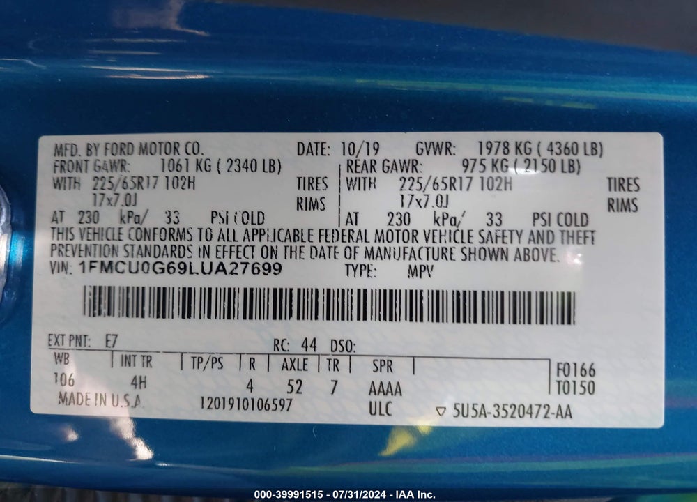 2020 FORD ESCAPE SE VIN: 1FMCU0G69LUA27699