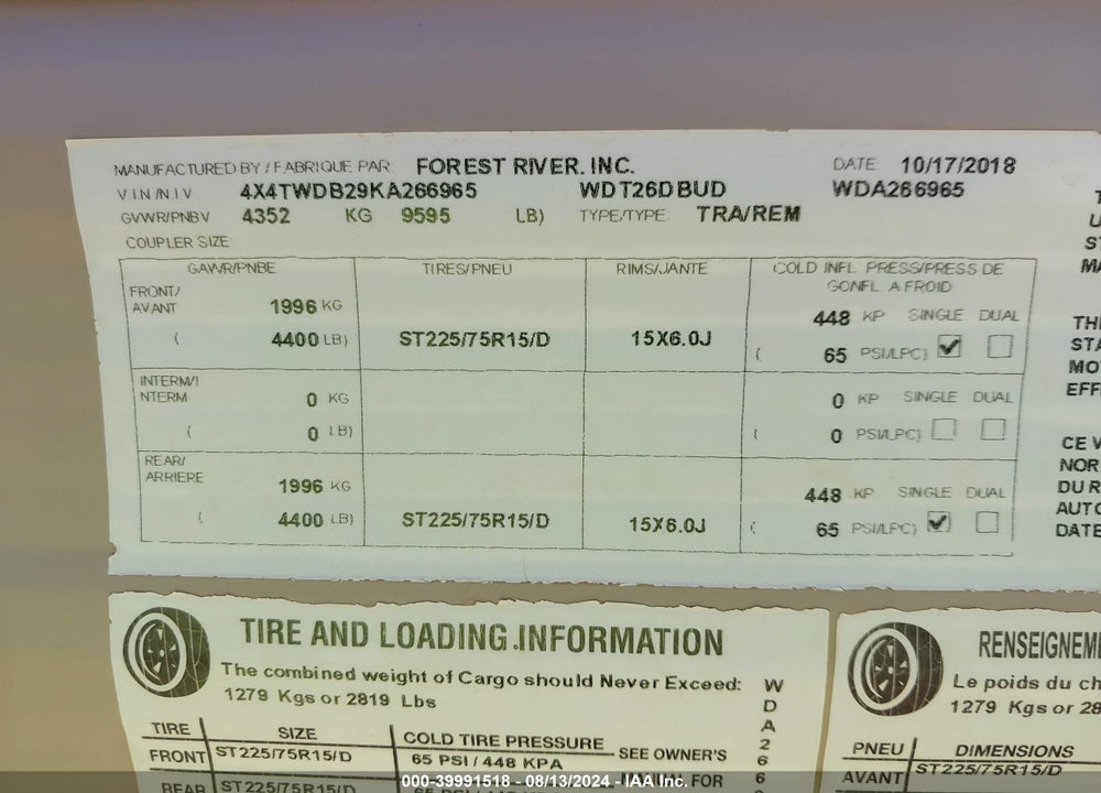 2019 FOREST RIVER WILDWOOD 26DBUD VIN: 4X4TWDB29KA266965