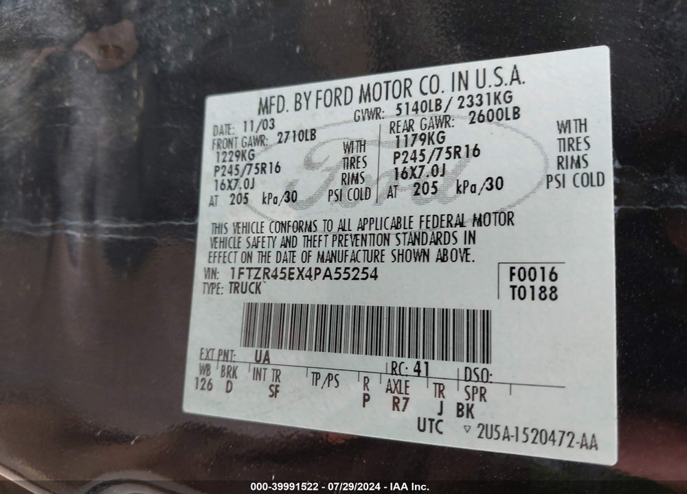 2004 FORD RANGER EDGE/TREMOR/XLT VIN: 1FTZR45EX4PA55254