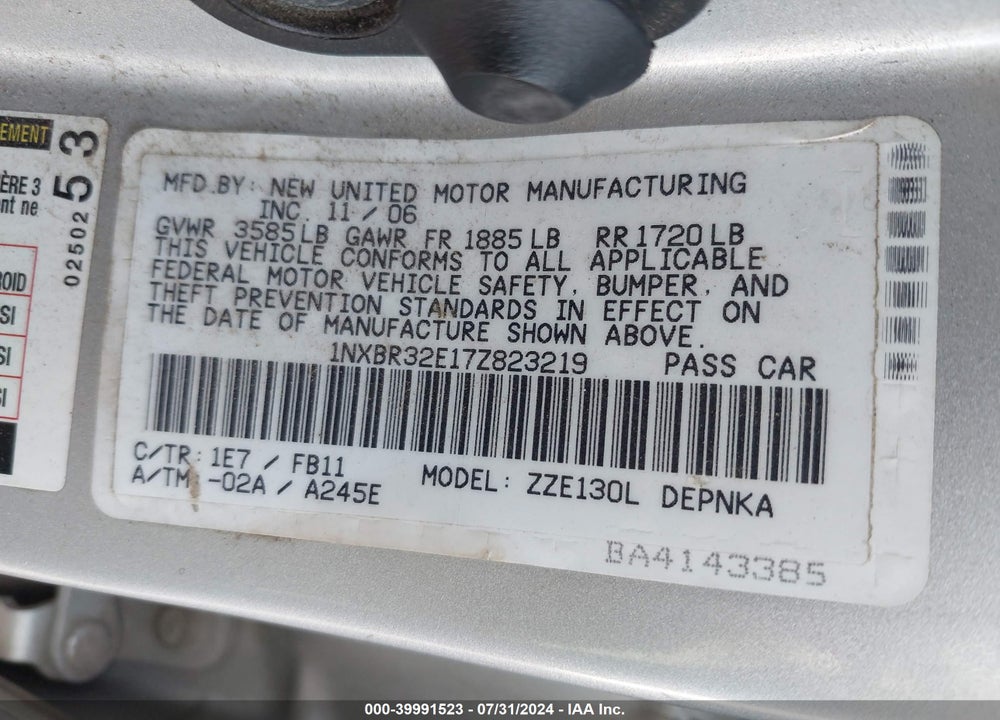 2007 TOYOTA COROLLA LE VIN: 1NXBR32E17Z823219