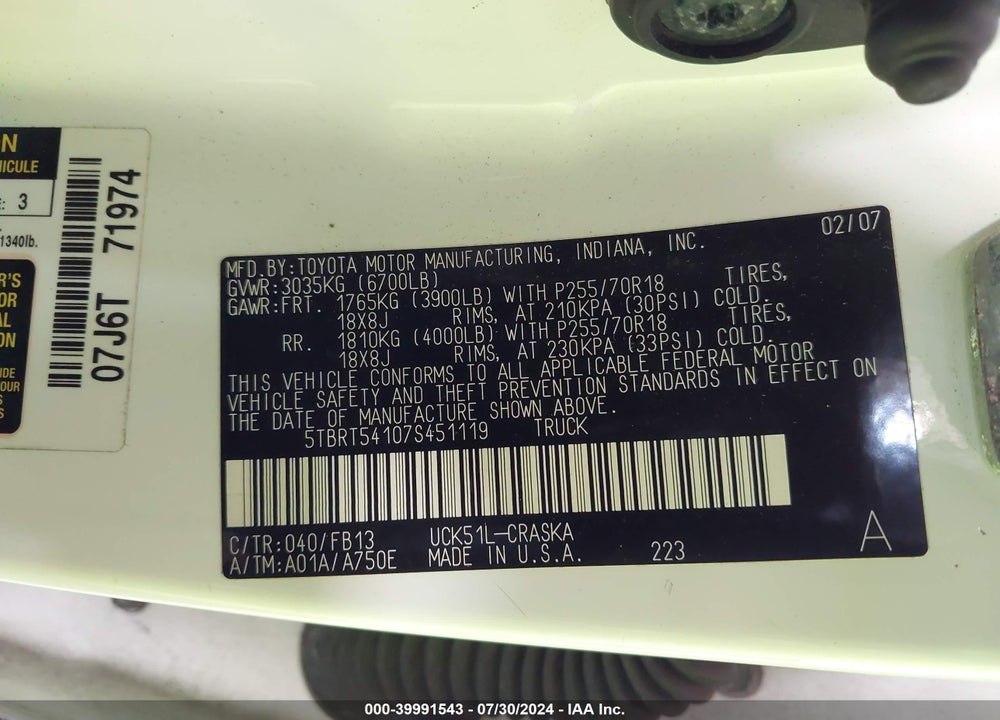 2007 TOYOTA TUNDRA SR5 4.7L V8 VIN: 5TBRT54107S451119
